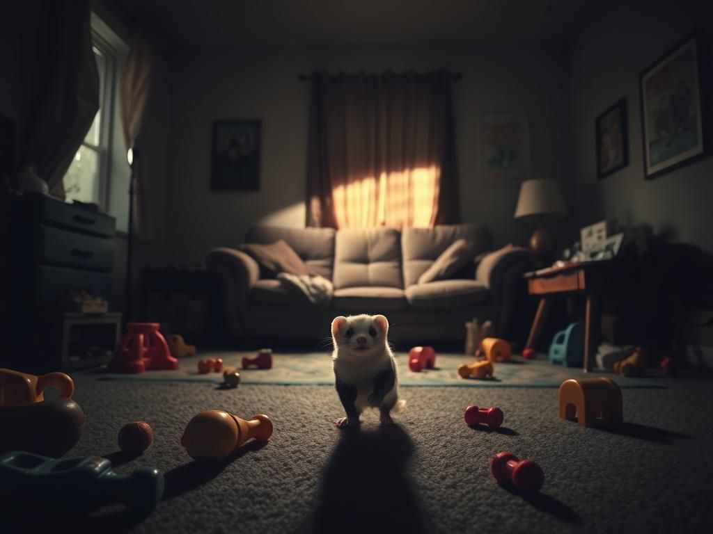 Flick International A playful ferret in a cluttered living room in Clearwater, Florida