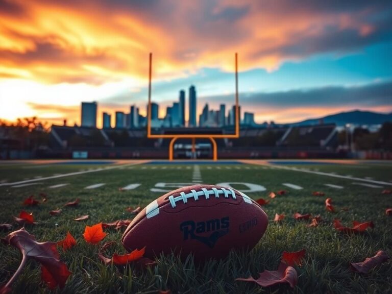 Flick International Abandoned football on a Los Angeles Rams field at dusk with the city skyline in the background