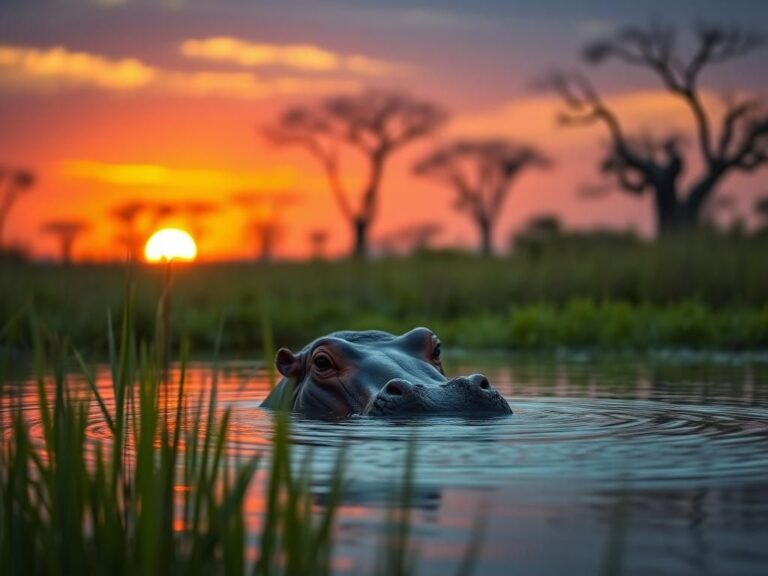 Flick International Partially submerged hippo emerging from water amidst African sunset landscape