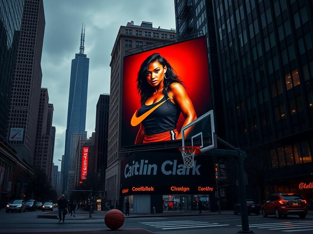 Flick International Urban landscape in Chicago showcasing a Caitlin Clark billboard with the city skyline