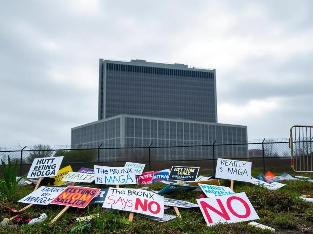 Flick International Protest signs scattered on the ground in front of a large building symbolizing the Bronx male-only migrant shelter