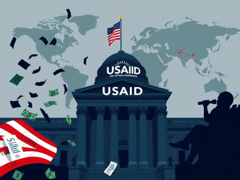 Flick International Illustration of a government building with USAID logo and American flag, symbolizing U.S. aid