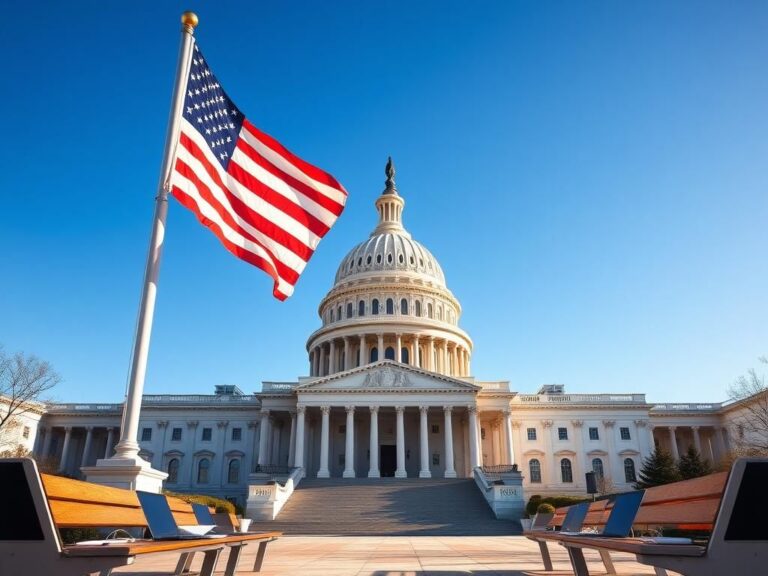 Flick International A bustling Capitol building with a waving American flag in front under a clear blue sky