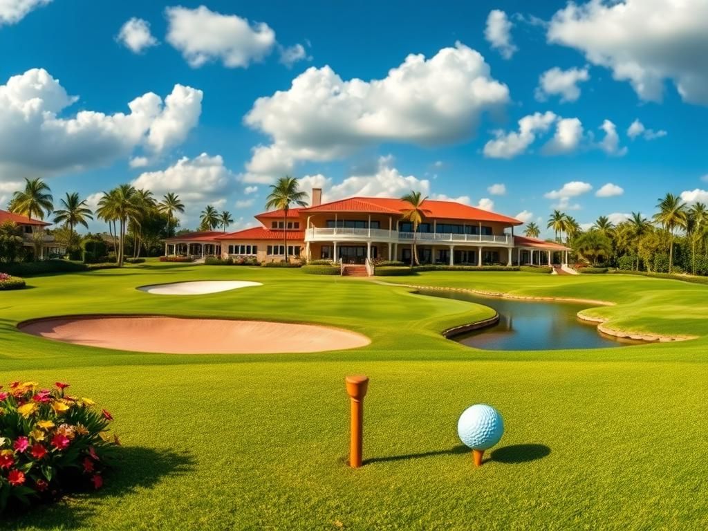 Flick International Panoramic view of a luxurious golf course under a bright blue sky