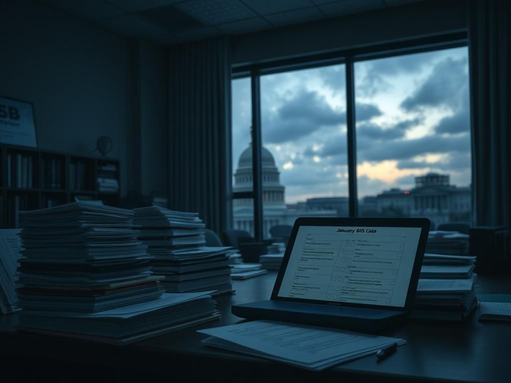 Flick International Dimly lit office space with large wooden desk and investigation files