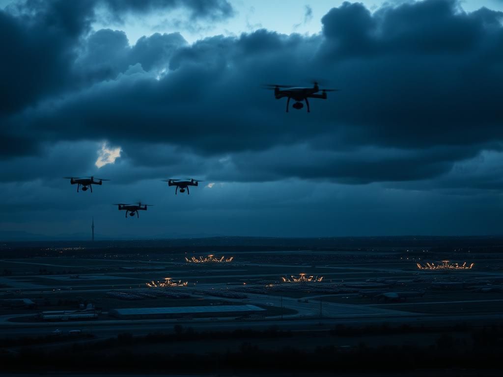 Flick International Aerial view of a U.S. military base with drones flying overhead at dusk