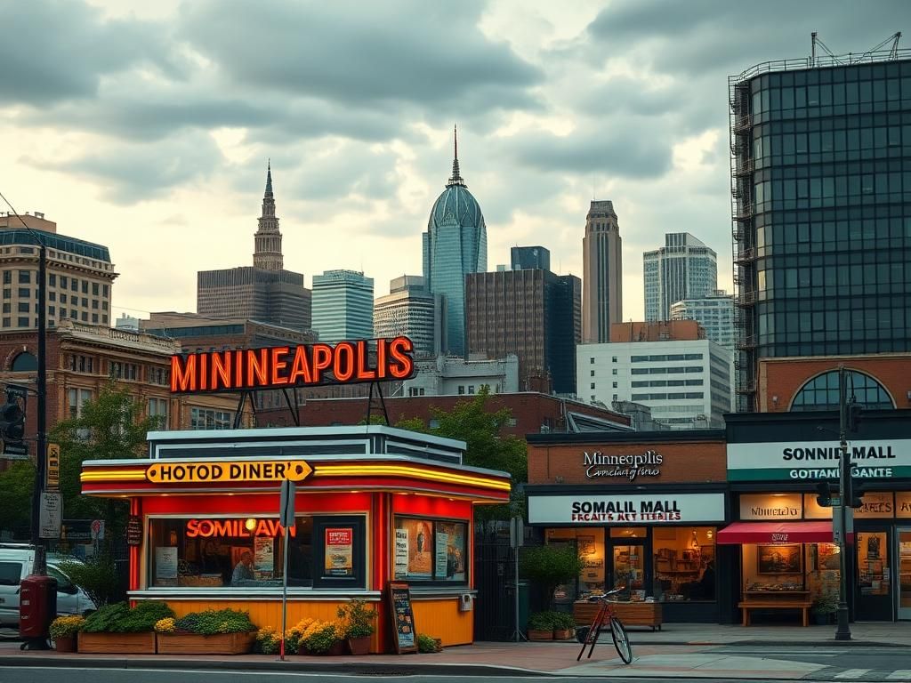 Flick International Vibrant urban scene in Minneapolis with colorful diner and cultural marketplace