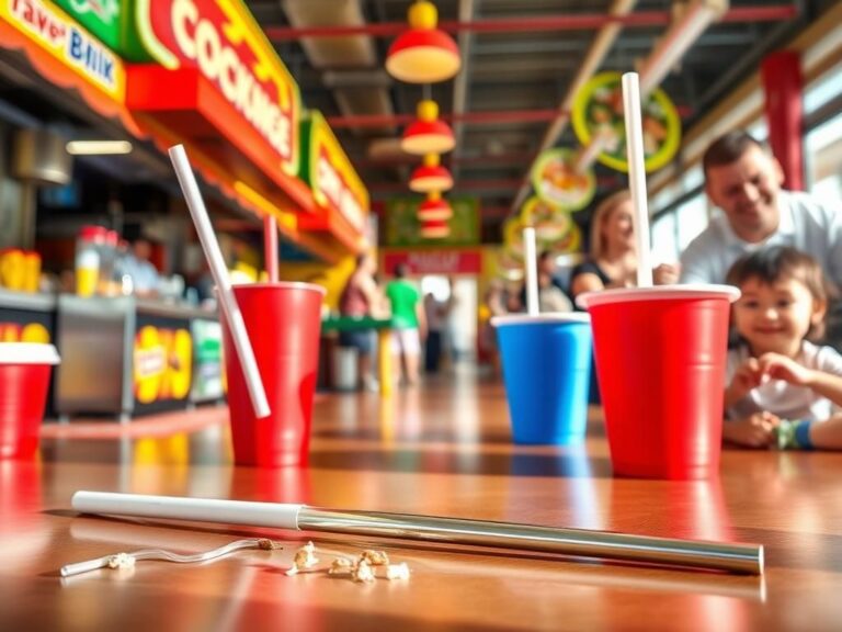 Flick International A vibrant food court scene with colorful stalls and drinks, featuring a broken paper straw and a gleaming reusable straw.