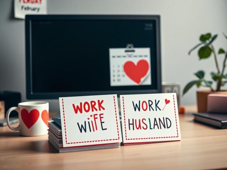 Flick International An office desk with Valentine's Day cards labeled 'Work Wife' and 'Work Husband'