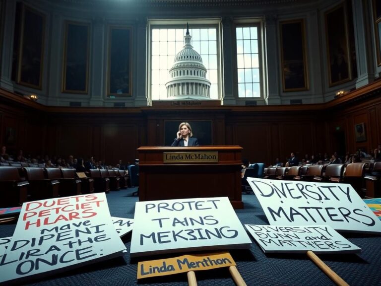 Flick International A tense Senate hearing room with an empty dais labeled 'Linda McMahon' and protest signs on the ground.