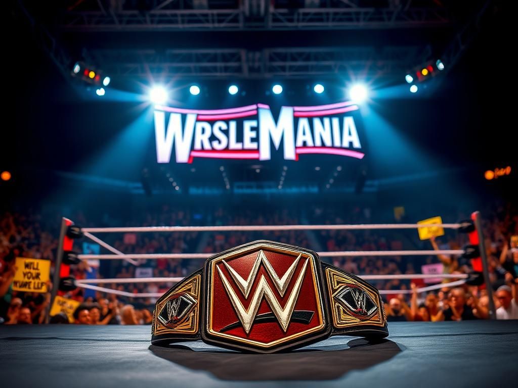 Flick International A wrestling ring illuminated by bright lights, with the WrestleMania logo in the background and a crowd cheering for Jey Uso.