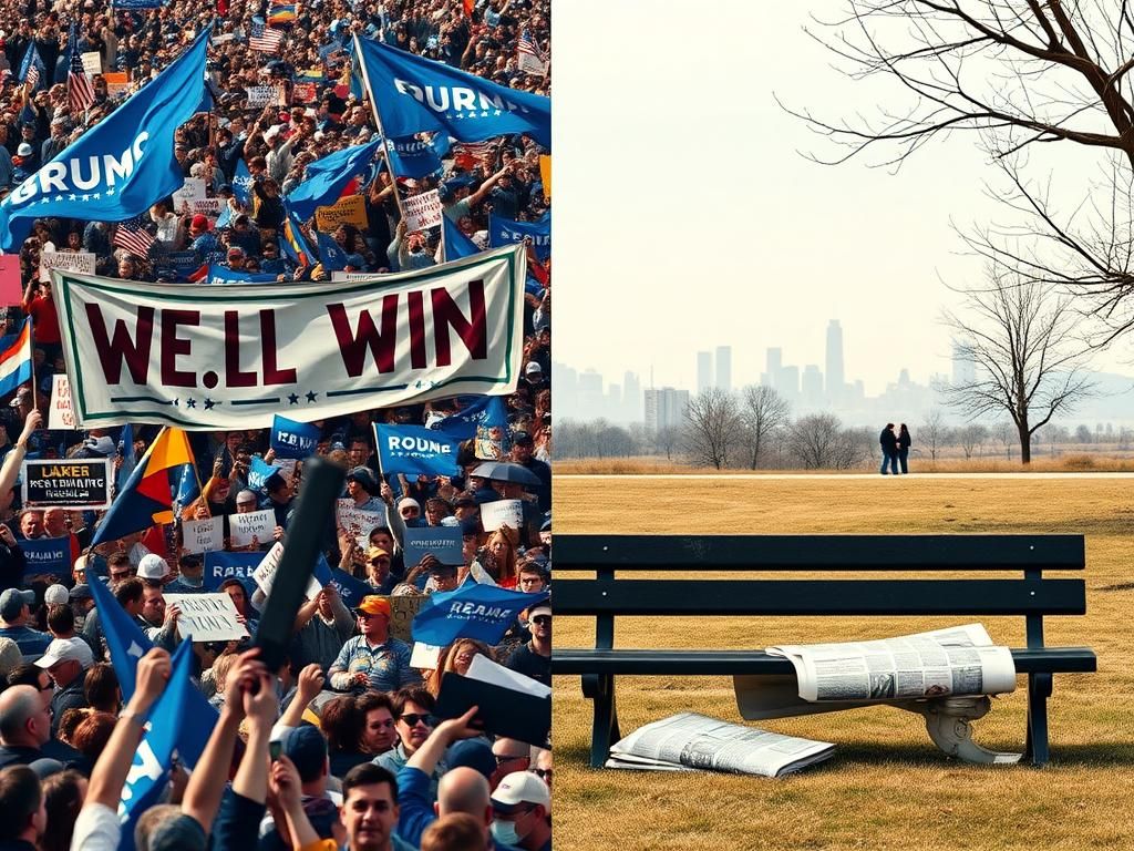 Flick International A split-scene image contrasting a vibrant political protest with a calm, empty park reflecting independent voters' sentiments