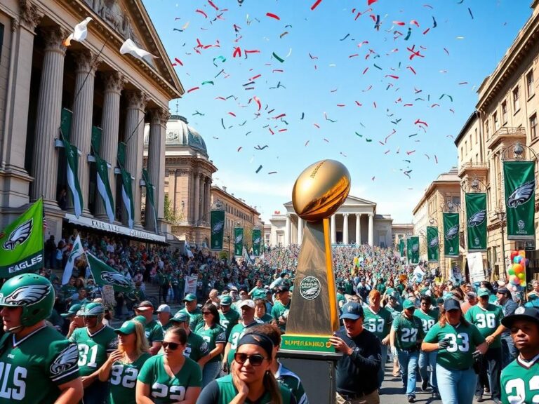 Flick International Colorful Super Bowl parade in Philadelphia with fans celebrating and the Lombardi Trophy