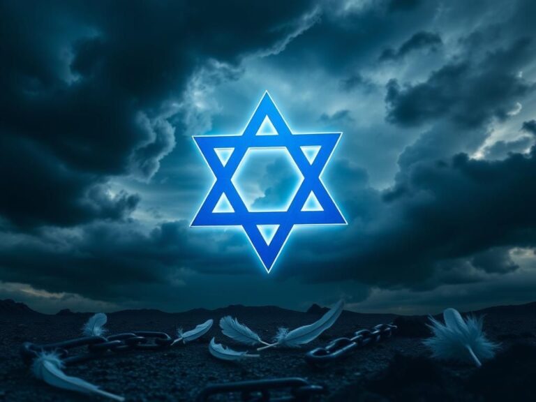 Flick International Dramatic scene with a glowing Star of David against a stormy sky symbolizing hope and resilience in Israel