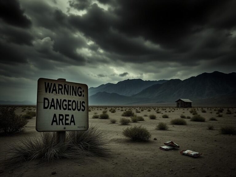 Flick International Dark landscape of a deserted border area between Mexico and the United States, featuring a warning sign