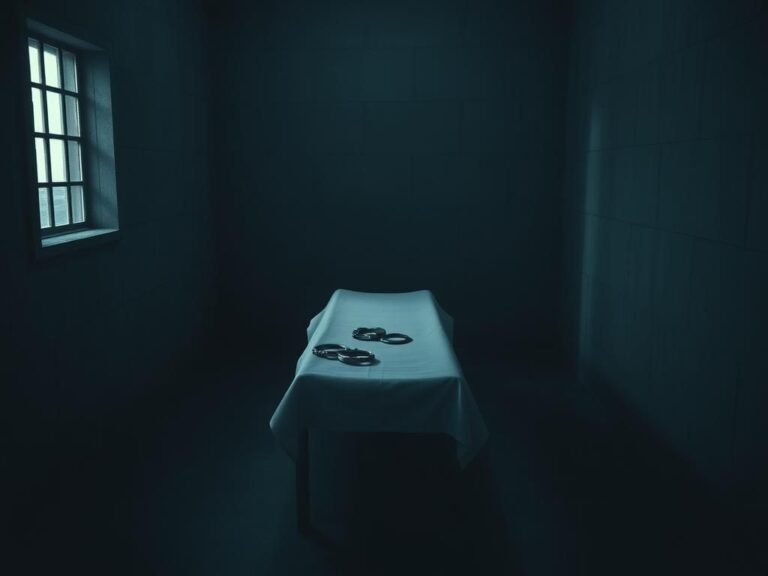 Flick International Somber execution chamber with gurney and white sheet reflecting finality