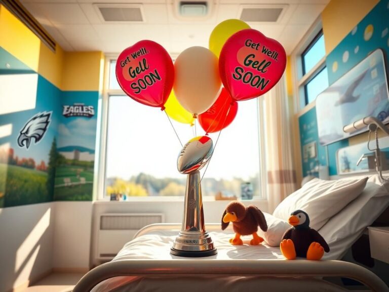 Flick International Young Eagles fan in hospital with Lombardi Trophy and get-well-soon balloons