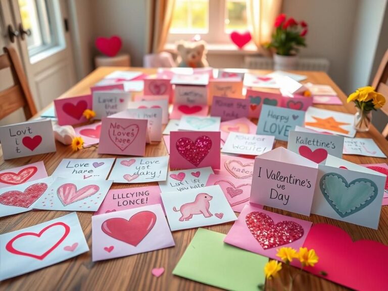 Flick International A vibrant array of handmade Valentine’s Day cards on a wooden table.