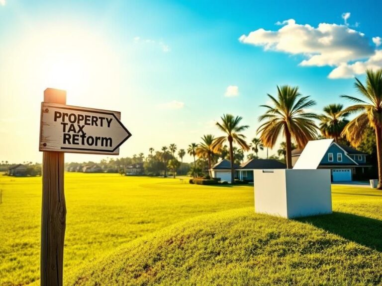 Flick International A serene Florida landscape with fields and palm trees, featuring a signpost labeled 'Property Tax Reform'.