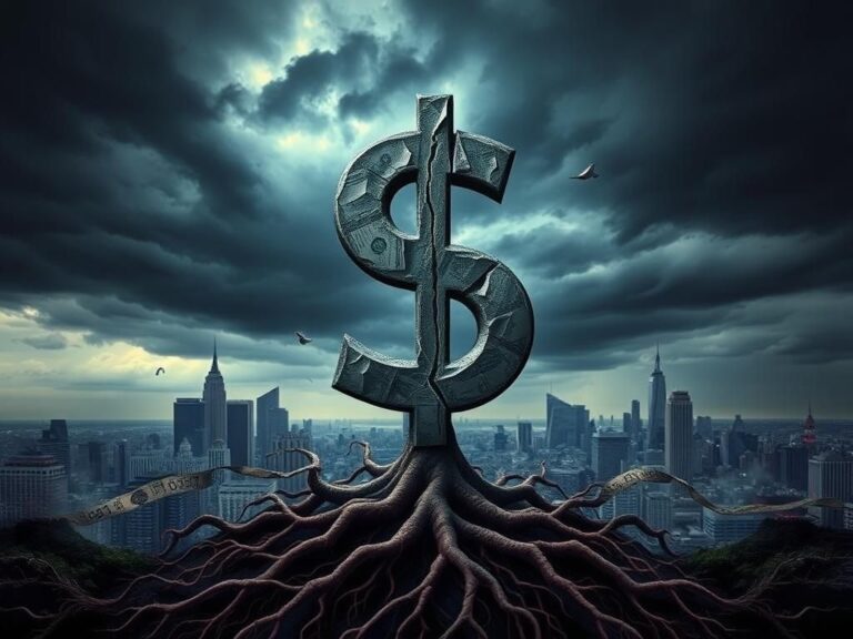 Flick International Cracked dollar sign against a stormy sky showcasing economic turmoil