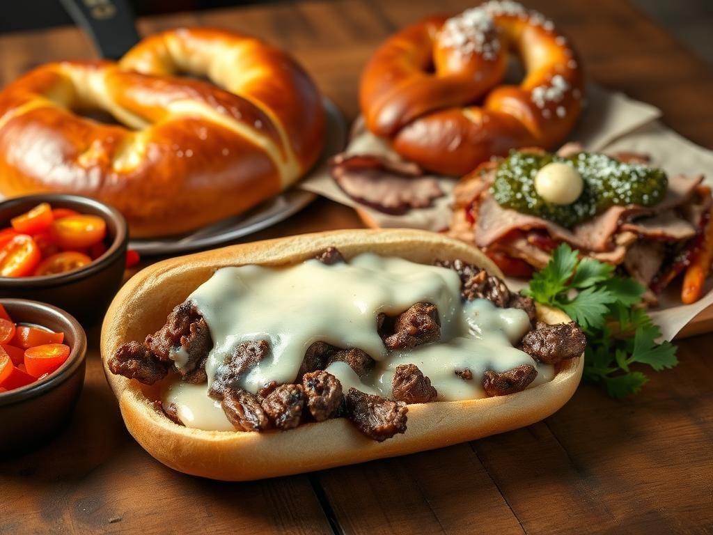 Flick International A vibrant spread of iconic Philadelphia foods showcasing a cheesesteak, roast pork sandwich, and Philly pretzel