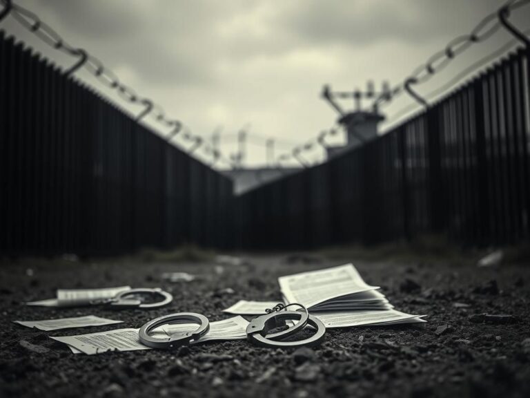 Flick International A dark border wall with handcuffs and immigration documents in the foreground