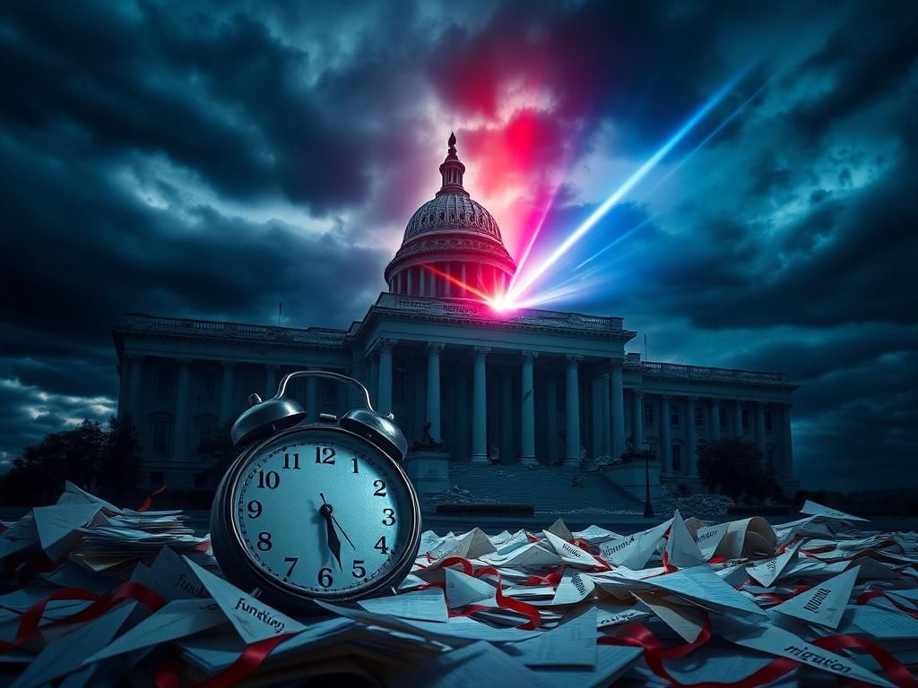 Flick International Crumbling government building symbolizing political turmoil with scattered documents and a broken clock