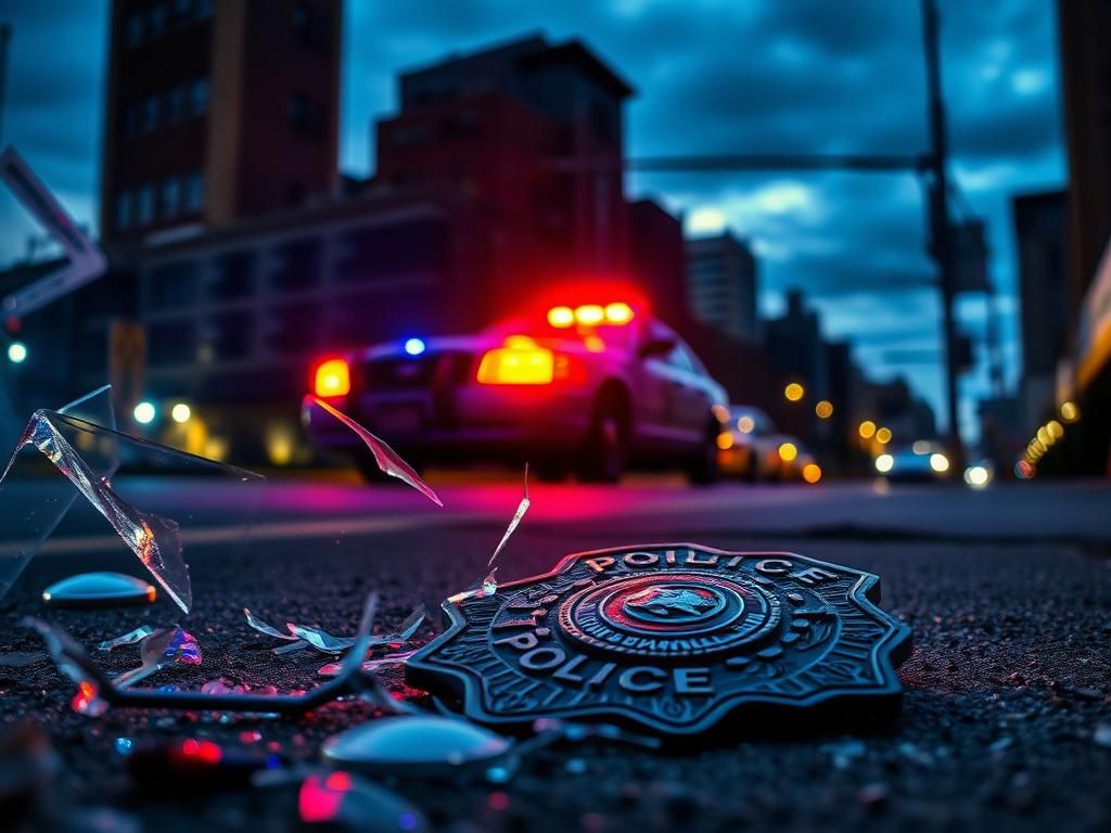 Flick International Police badge on the ground with shattered glass after an officer-involved shooting