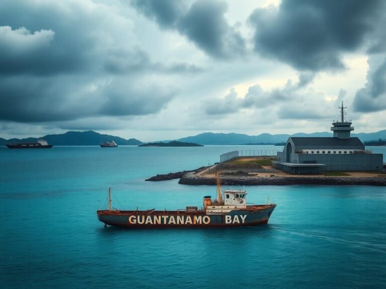 Flick International Aerial view of Guantanamo Bay with a weathered container ship and military architecture