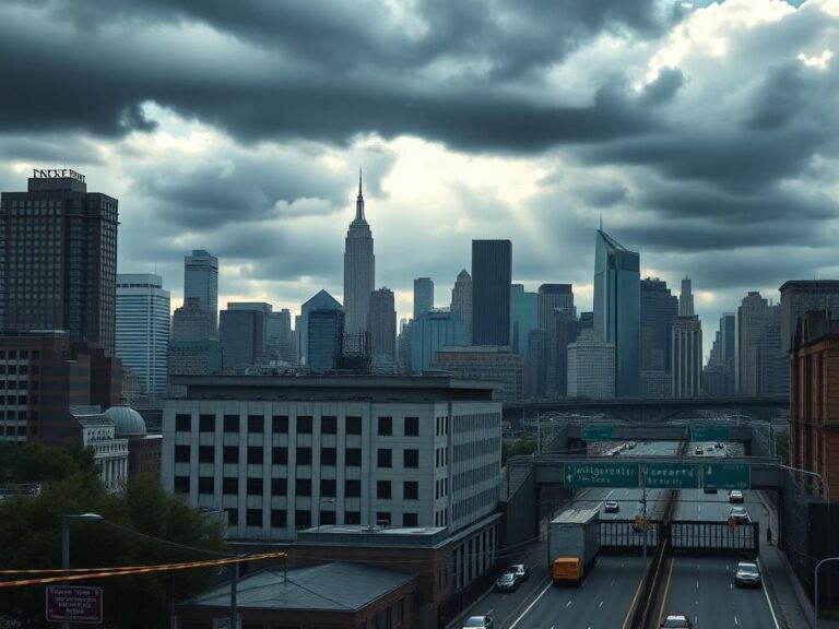 Flick International Urban landscape of New York City highlighting immigration facility with barriers and caution tape