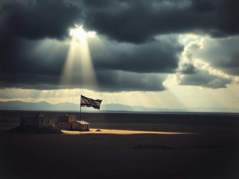 Flick International Abandoned kibbutz illuminated by sunlight amid dark clouds