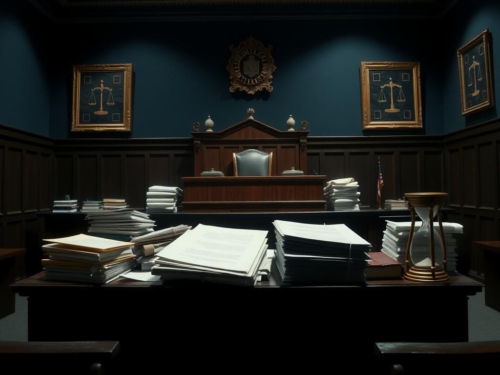 Flick International Dimly lit courtroom scene with a judge's bench and legal documents