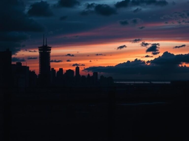 Flick International Moody skyline of New York City at dusk with Rikers Island in the background and a barbed-wire fence in the foreground