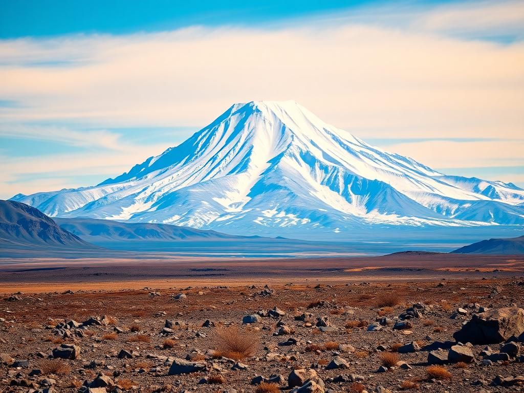 Flick International A sweeping view of Mount Denali, the tallest peak in North America, elegantly framed by a clear blue sky and rugged rocky terrain.