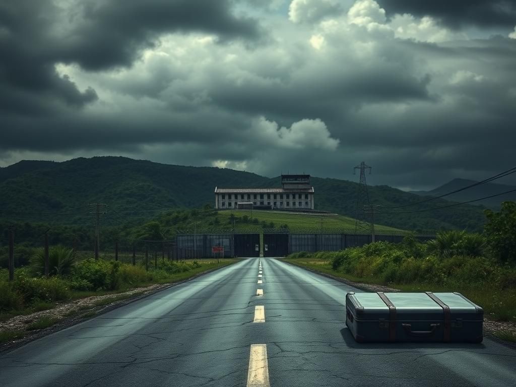 Flick International Dramatic landscape of El Salvador featuring a large prison facility against lush hills and a turbulent sky