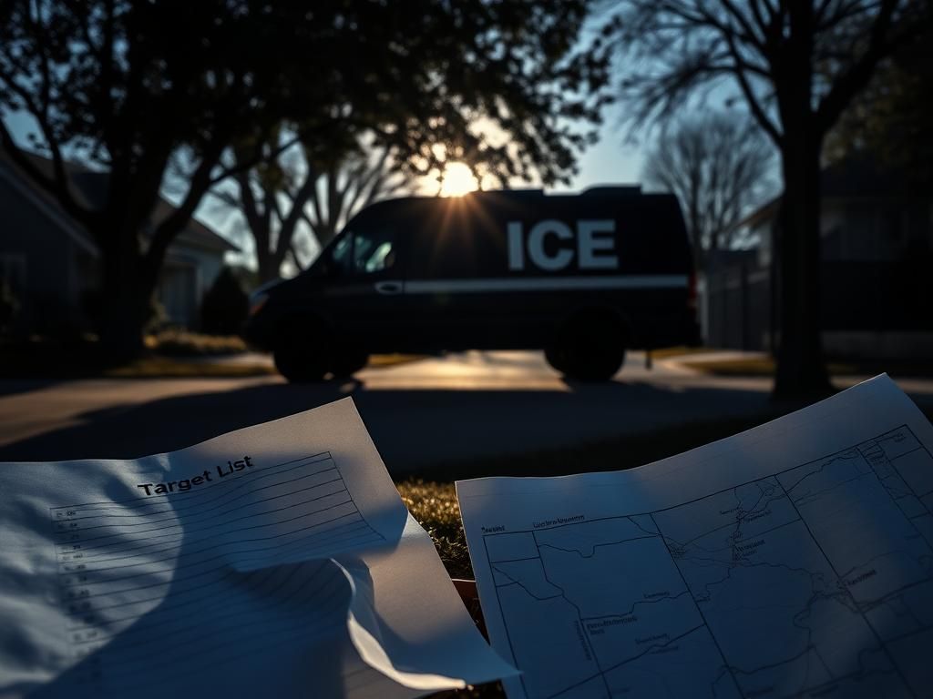 Flick International Early morning scene with unmarked ICE vehicle parked outside a suburban home