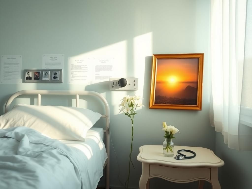 Flick International A serene hospital room with a vintage bedside table and white lilies, symbolizing remembrance.