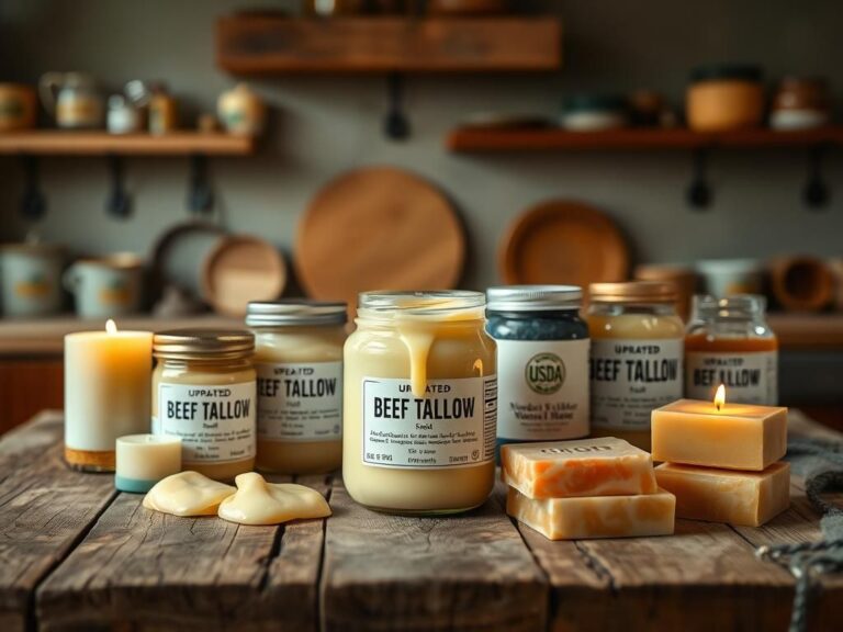 Flick International A rustic kitchen table displaying various beef tallow products with updated labels and jars showcasing creamy texture.