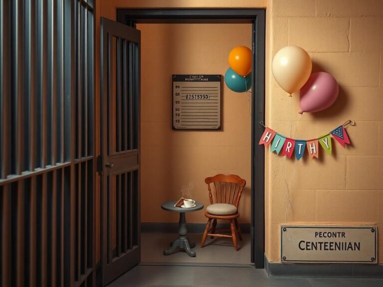 Flick International Interior view of a county jail cell set up for a birthday celebration