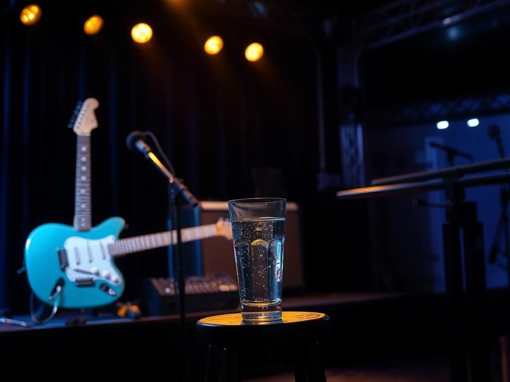 Flick International Dimly lit stage with electric guitar and empty microphone stand symbolizing medical emergency during performance