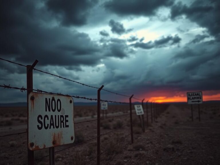 Flick International Somber border landscape at dusk with a rusty barbed wire fence and ominous storm clouds