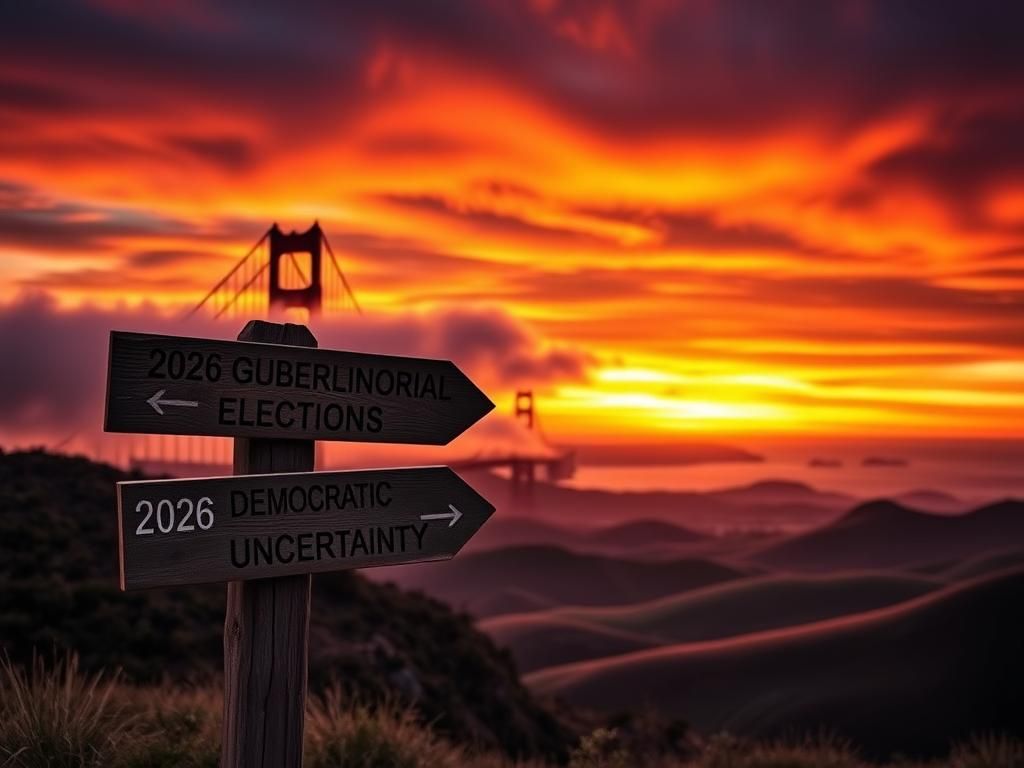 Flick International A picturesque California sunset with the Golden Gate Bridge shrouded in fog and a signpost indicating future elections