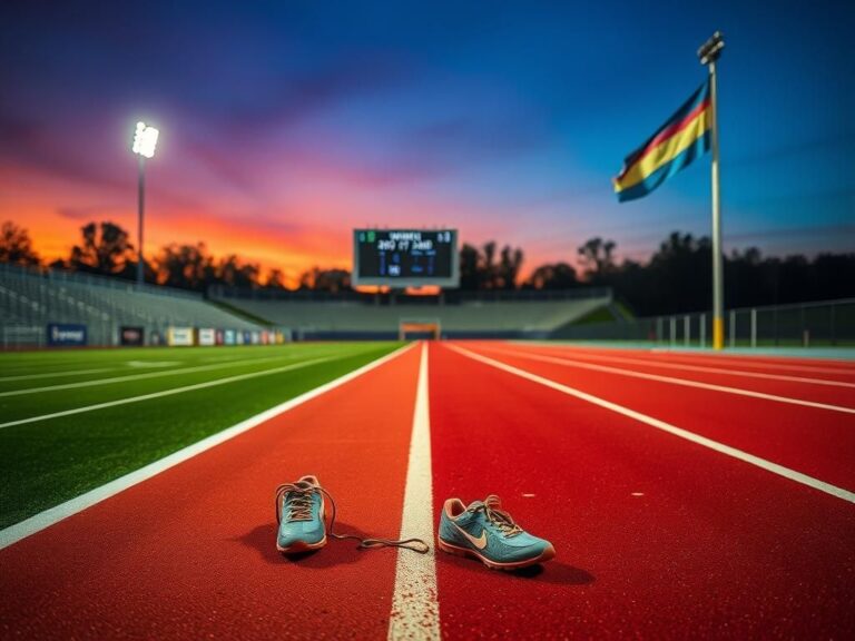 Flick International Vibrant college athletics track field at dusk with empty running spikes symbolizing gender controversy in sports