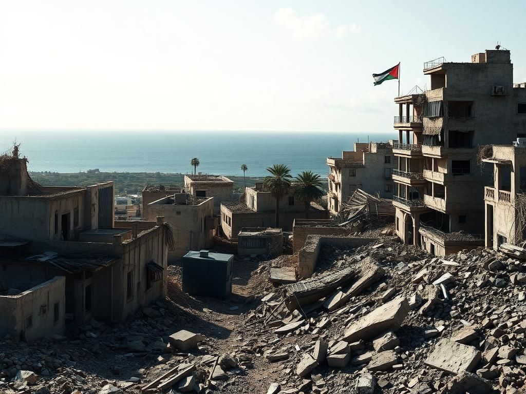 Flick International Elevated view of the Gaza Strip showcasing damaged buildings and the Mediterranean Sea