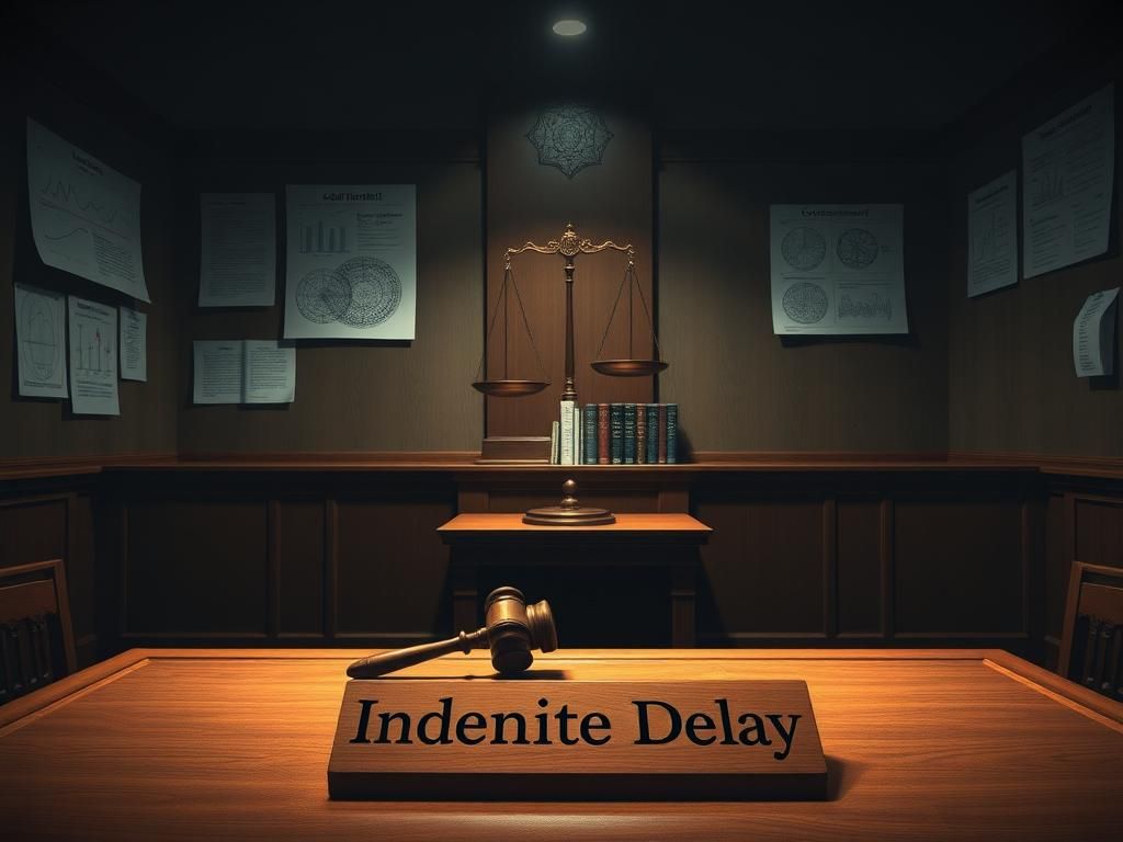 Flick International Dimly lit courtroom interior with a judge's bench and gavel symbolizing legal proceedings