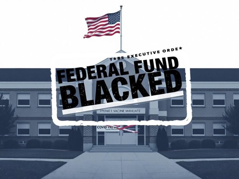 Flick International Stylized depiction of a school building with a 'Federal Funds Blocked' stamp overlay