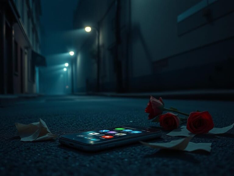 Flick International A smartphone on a dimly lit pavement amidst crumpled love letters and wilted roses, highlighting the dangers of dating apps.