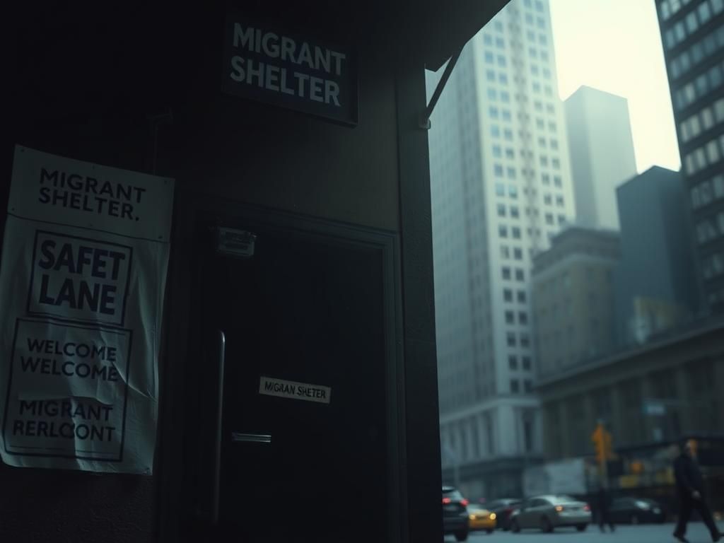 Flick International Closed door labeled 'Migrant Shelter' in a dimly lit urban environment depicting NYC