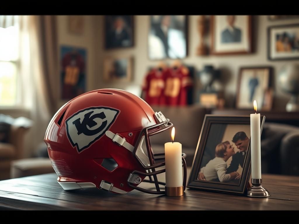 Flick International Kansas City Chiefs helmet on a wooden table with family photo and lit candle