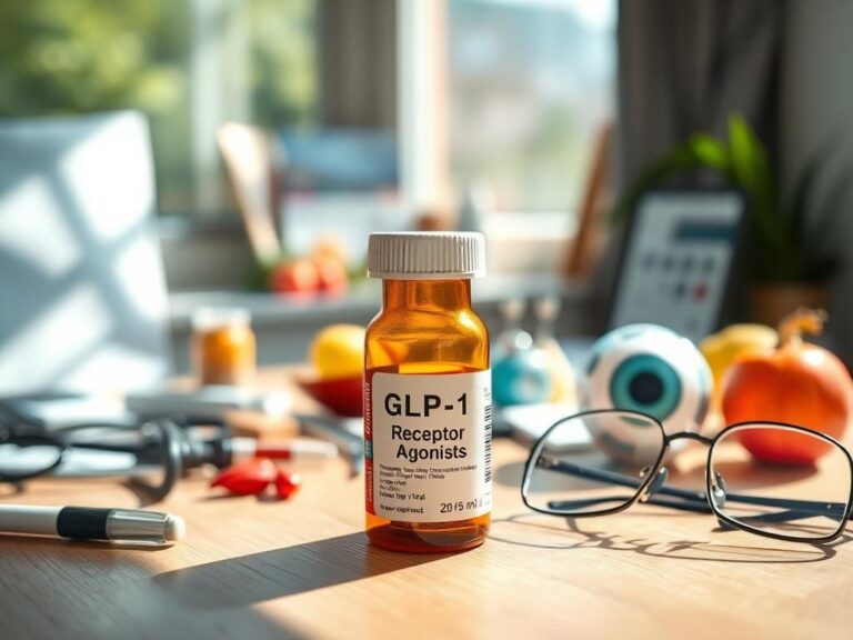 Flick International Close-up of a prescription bottle labeled 'GLP-1 Receptor Agonists' on a wooden table with eye-related items